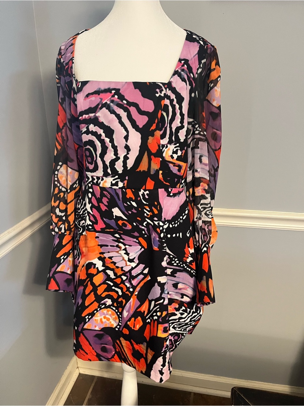 Hutch Long-Sleeve Square-Neck Mini Dress in Purple & Orange